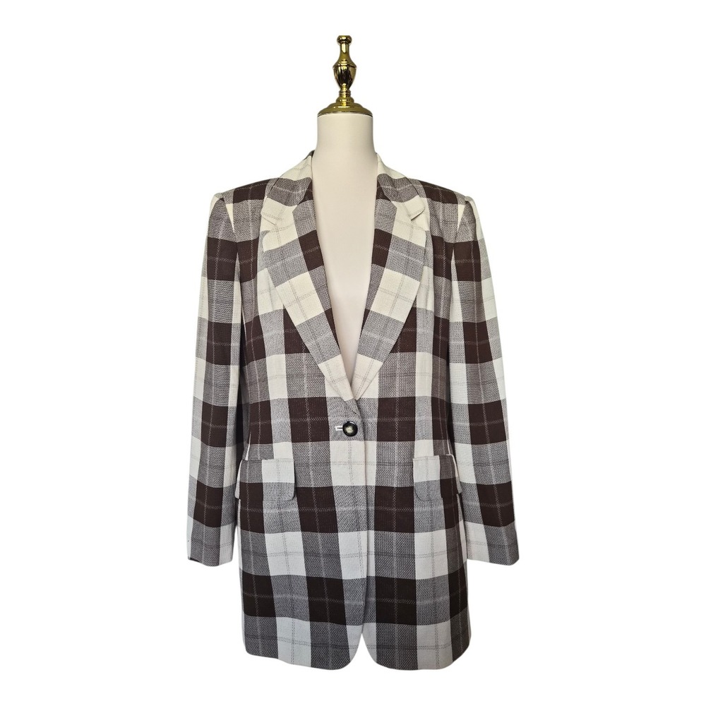 Jones New York Plaid Blazer Jacket Brown Neutral Lined Shoulder Pads NWT 10